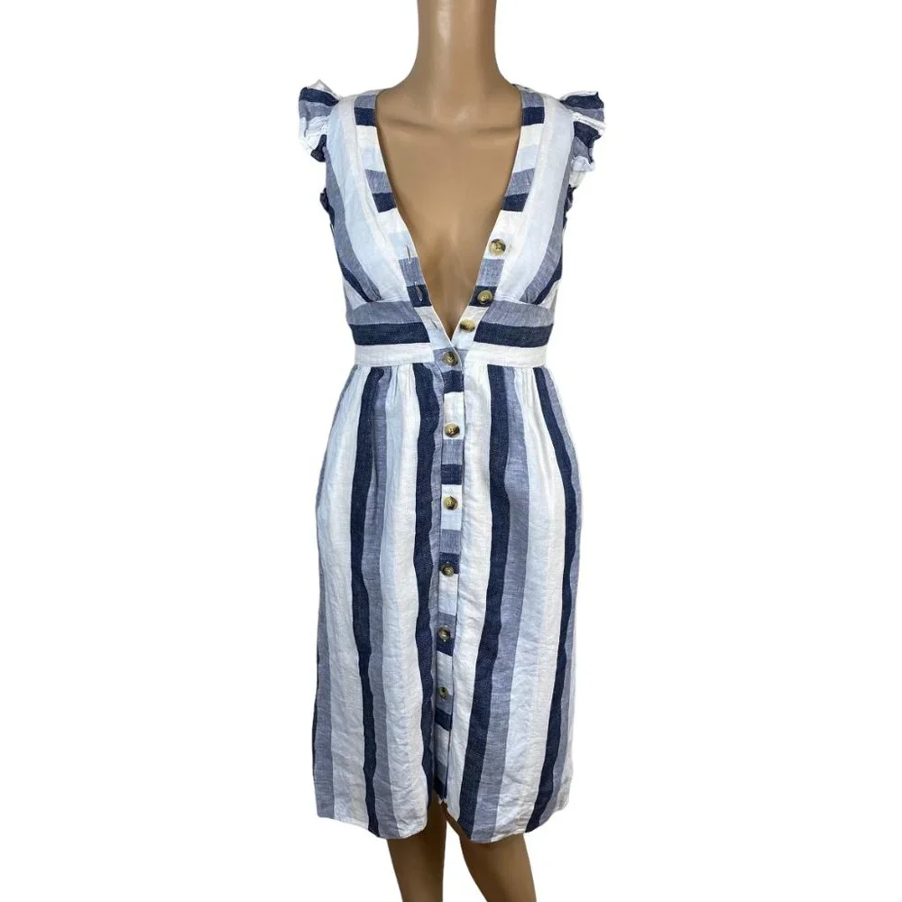 J. Crew Point Sur Linen Striped A-line Dress SZ 00P Blue White Spring Summer - Picture 5 of 10